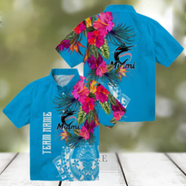 Miami Marlins Hawaiian Button Up Shirt   Floral Polynesian Aloha Style for Summer
