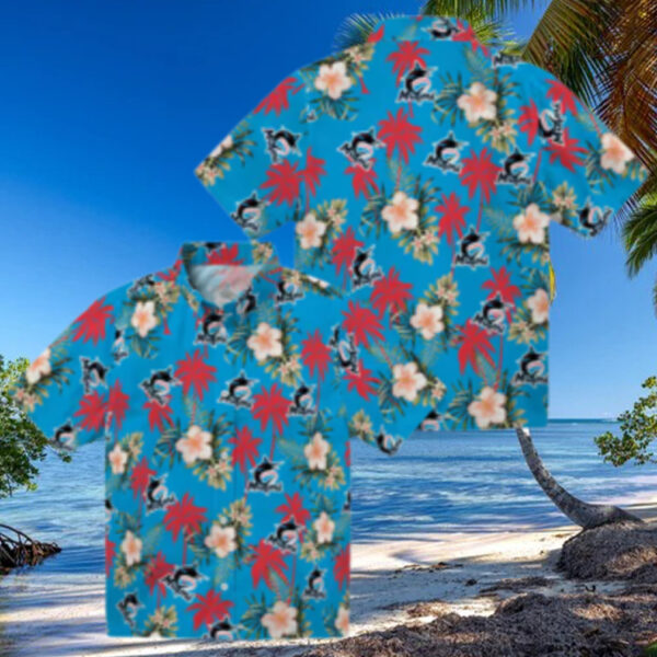 Miami Marlins Hawaiian Shirt for Men   Blue Palm Tree Flower Design, Perfect for Summer BBQ
