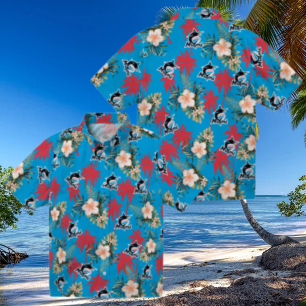 Miami Marlins Hawaiian Shirt for Men Blue Palm Tree Flower Design, Perfect for Summer BBQ Miami Marlins Hawaiian Shirt for Men Blue Palm Tree Flower Design, Perfect for Summer BBQ