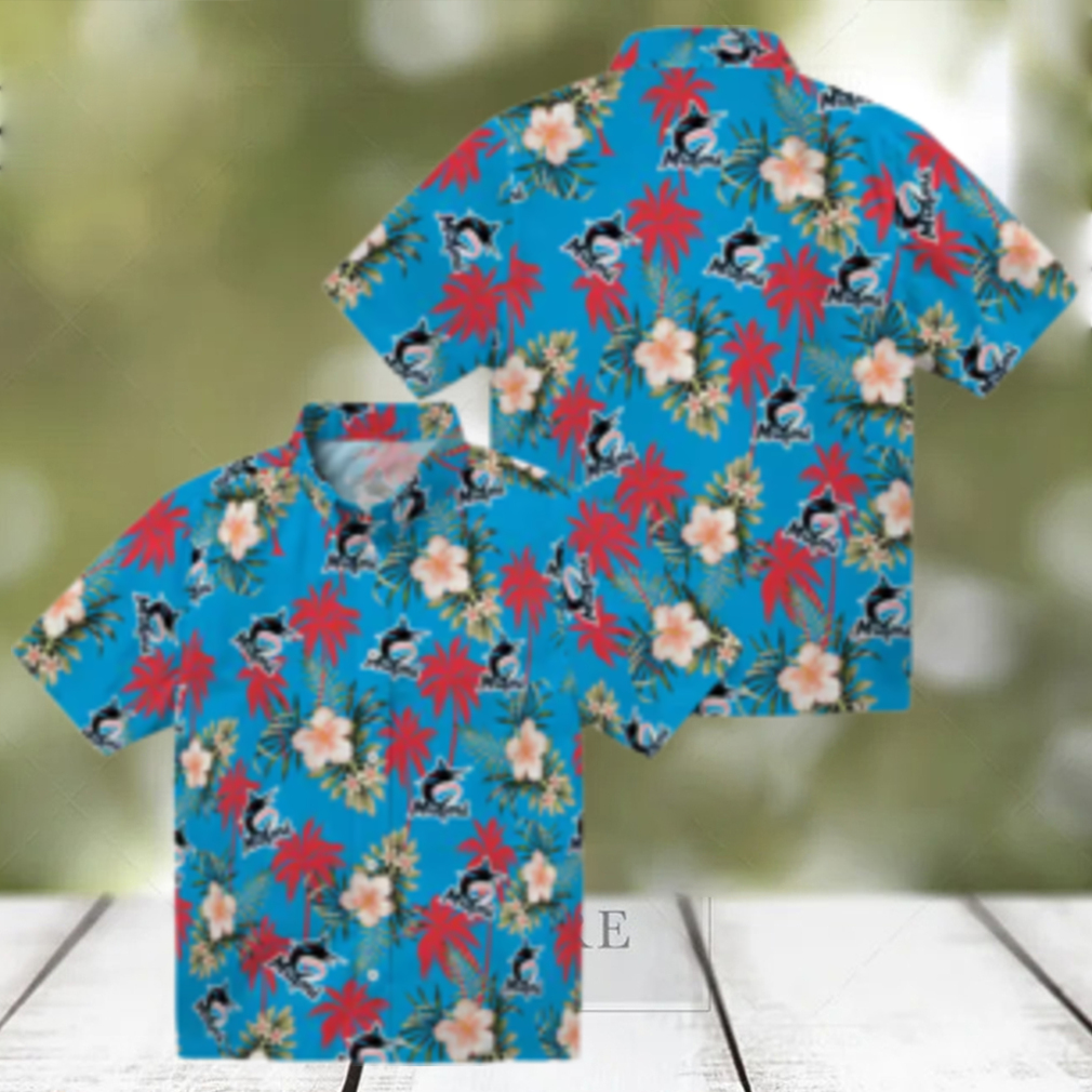 Miami Marlins Hawaiian Shirt for Men Blue Palm Tree Flower Design, Perfect for Summer BBQ Miami Marlins Hawaiian Shirt for Men Blue Palm Tree Flower Design, Perfect for Summer BBQ
