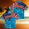 Miami Marlins Hawaiian Shirt with US Flag & Hibiscus Blue   Perfect for Beach & Games