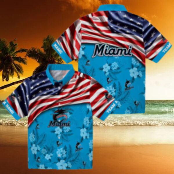 Miami Marlins Hawaiian Shirt with US Flag & Hibiscus Blue   Perfect for Beach & Games
