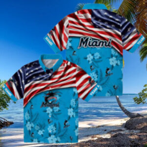 Miami Marlins Hawaiian Shirt with US Flag & Hibiscus Blue Perfect for Beach & Games
