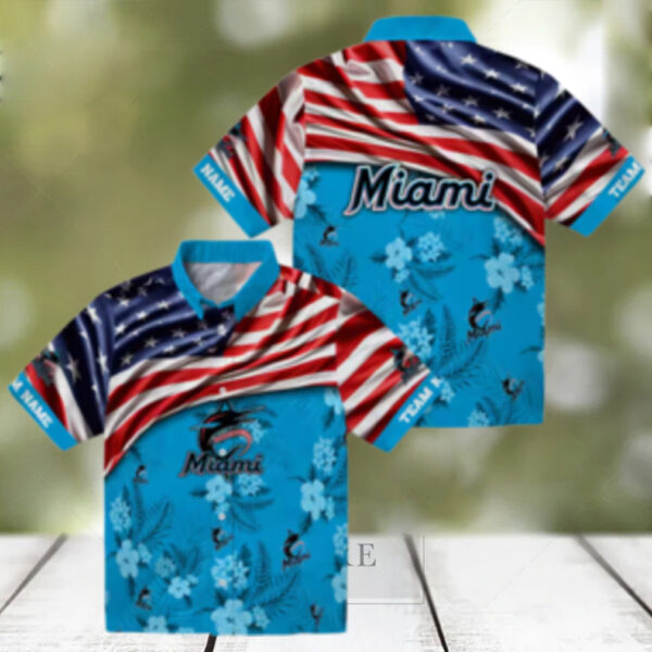 Miami Marlins Hawaiian Shirt with US Flag & Hibiscus Blue   Perfect for Beach & Games