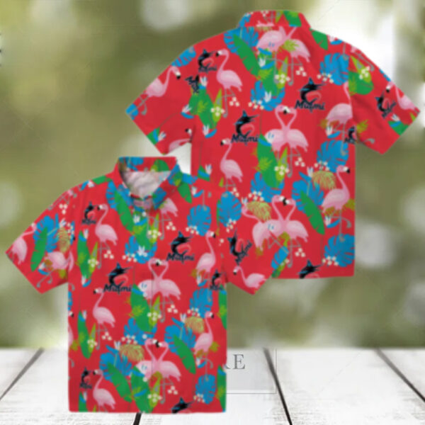 Miami Marlins MLB Hawaiian Shirt   Blue Green Foliage & Flamingo Vacation Look