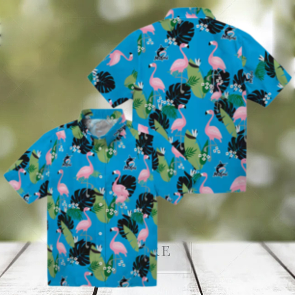 Miami Marlins Summer Aloha Shirt Blue Flamingo Leaf Vacation Style Miami Marlins Summer Aloha Shirt Blue Flamingo Leaf Vacation Style