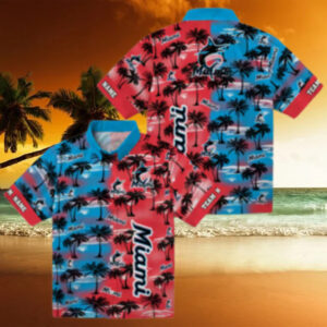 Miami Marlins Tropical Aloha Hawaiian Shirt   Palm Silhouette Summer Fan Gift