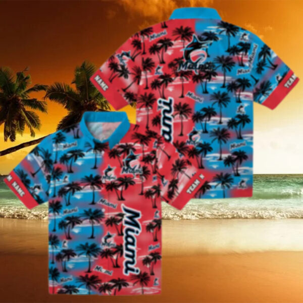 Miami Marlins Tropical Aloha Hawaiian Shirt   Palm Silhouette Summer Fan Gift