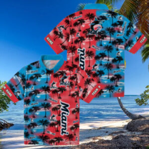 Miami Marlins Tropical Aloha Hawaiian Shirt   Palm Silhouette Summer Fan Gift