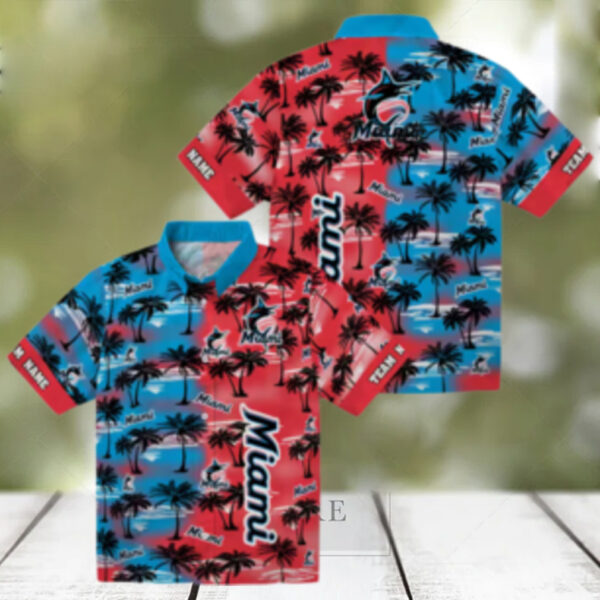Miami Marlins Tropical Aloha Hawaiian Shirt   Palm Silhouette Summer Fan Gift