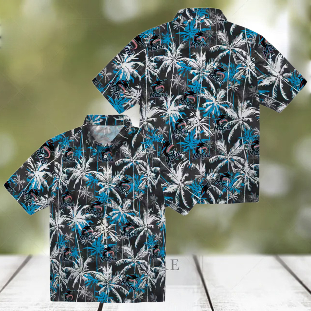 Miami Marlins Tropical Hawaiian Shirt Palm Pattern Blue Black Shirt for Men Miami Marlins Tropical Hawaiian Shirt Palm Pattern Blue Black Shirt for Men