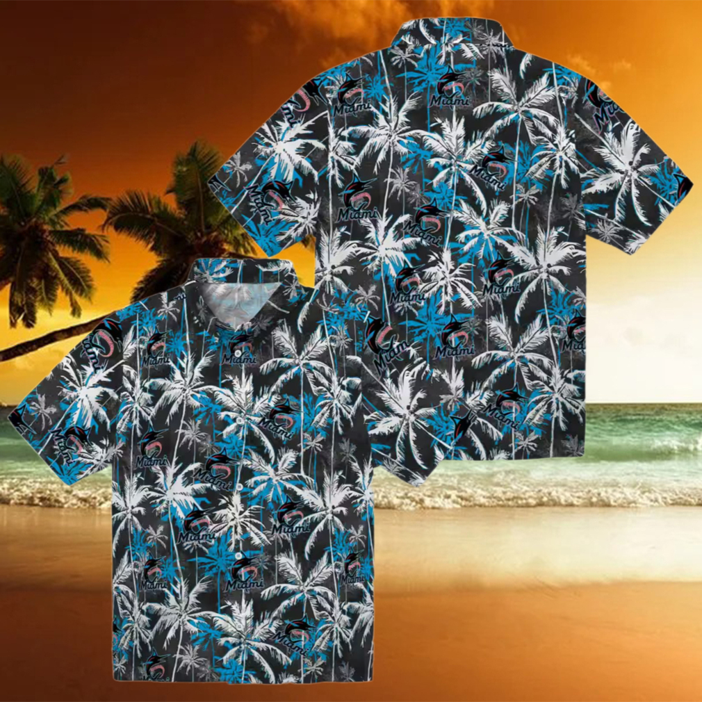 Miami Marlins Tropical Hawaiian Shirt Palm Pattern Blue Black Shirt for Men Miami Marlins Tropical Hawaiian Shirt Palm Pattern Blue Black Shirt for Men
