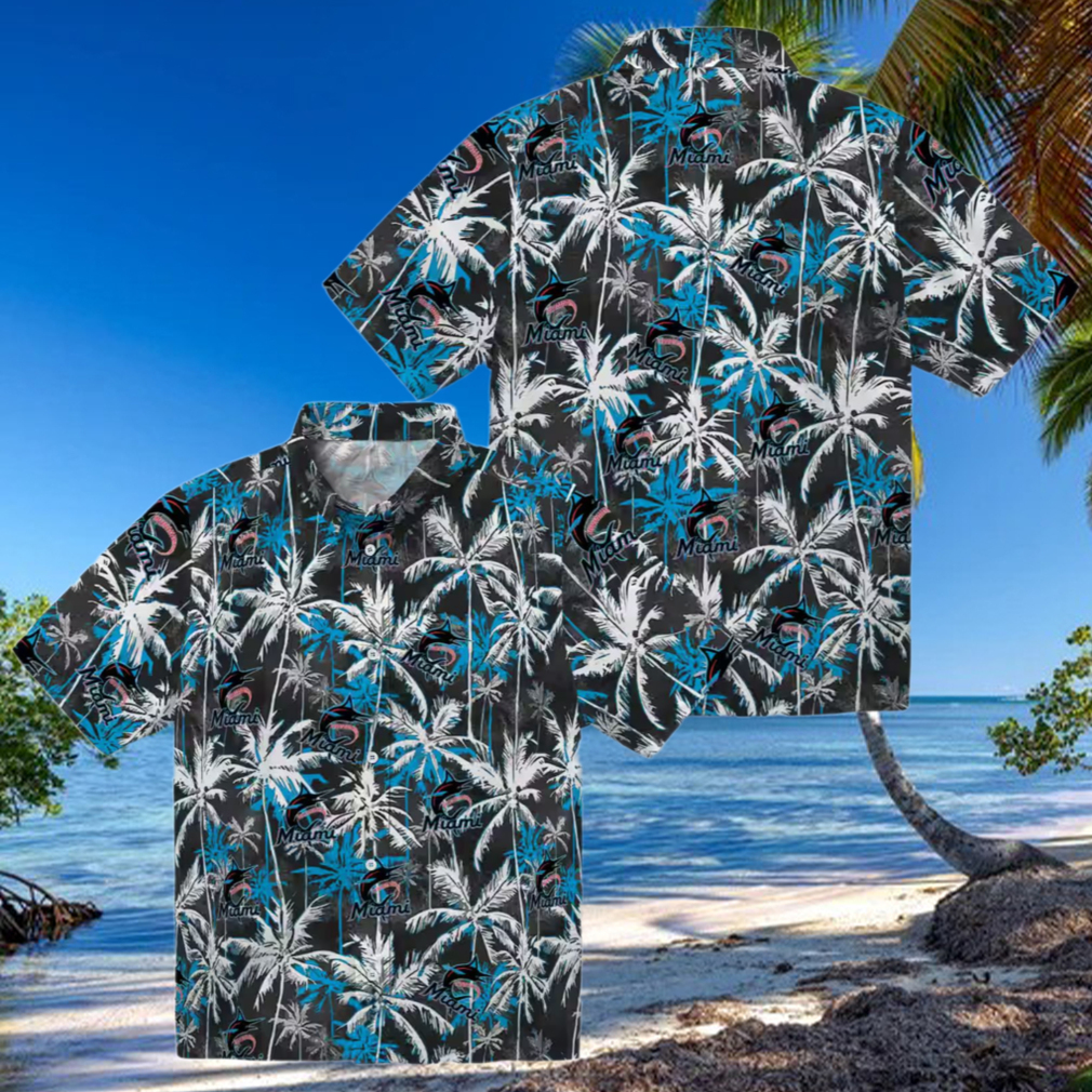 Miami Marlins Tropical Hawaiian Shirt Palm Pattern Blue Black Shirt for Men Miami Marlins Tropical Hawaiian Shirt Palm Pattern Blue Black Shirt for Men