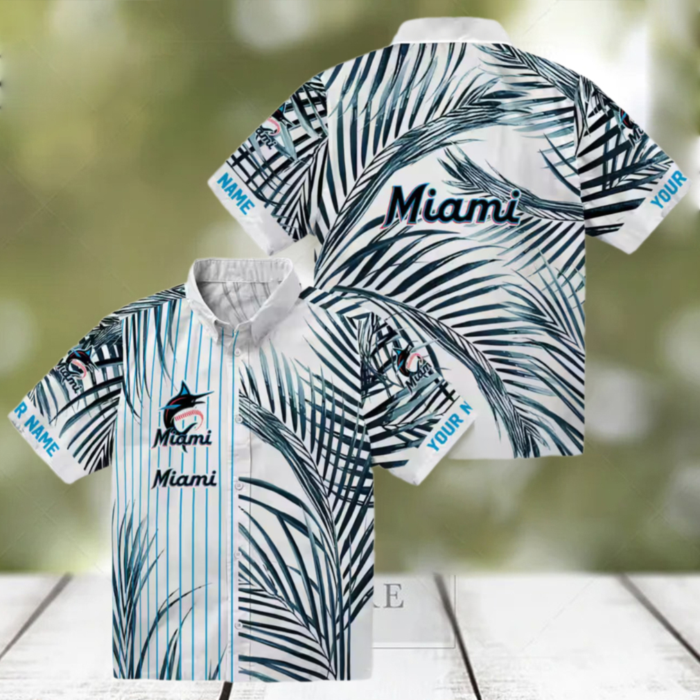 Official Miami Marlins MLB Hawaiian Shirt Tropical Blue Black Stripes Official Miami Marlins MLB Hawaiian Shirt Tropical Blue Black Stripes