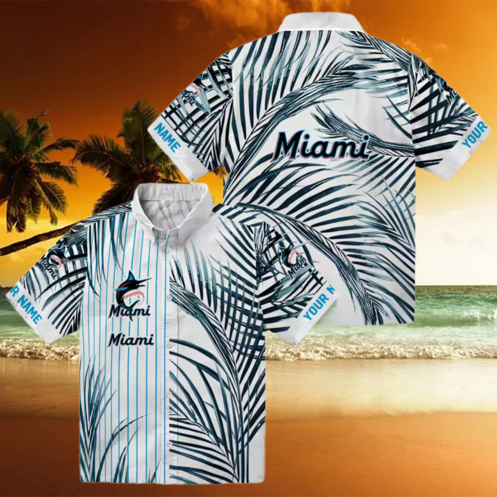 Official Miami Marlins MLB Hawaiian Shirt Tropical Blue Black Stripes Official Miami Marlins MLB Hawaiian Shirt Tropical Blue Black Stripes