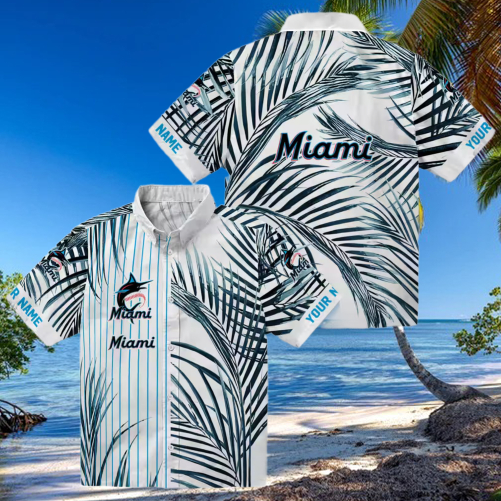 Official Miami Marlins MLB Hawaiian Shirt Tropical Blue Black Stripes Official Miami Marlins MLB Hawaiian Shirt Tropical Blue Black Stripes