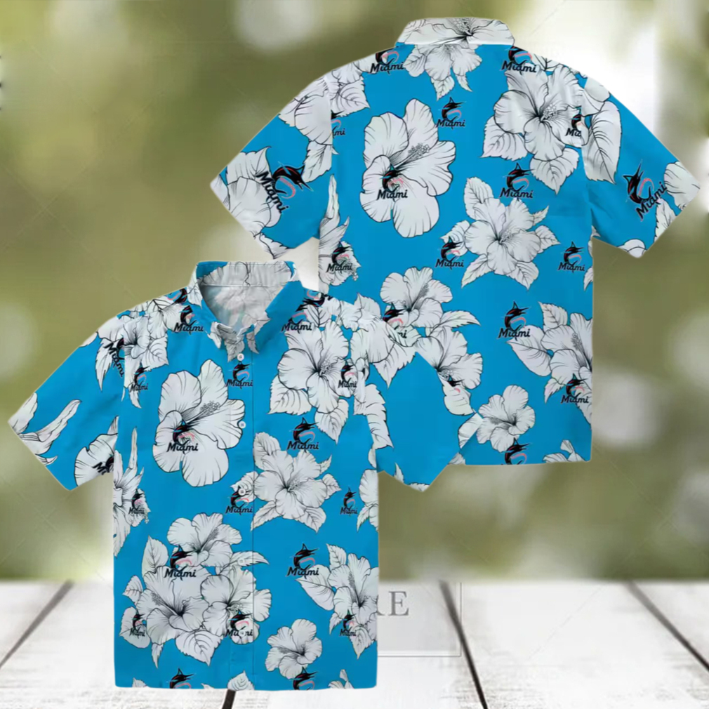 Official Miami Marlins Tropical Aloha Hawaiian Shirt Blue & White Hibiscus Beachwear Official Miami Marlins Tropical Aloha Hawaiian Shirt Blue & White Hibiscus Beachwear