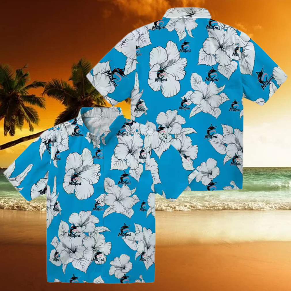 Official Miami Marlins Tropical Aloha Hawaiian Shirt Blue & White Hibiscus Beachwear Official Miami Marlins Tropical Aloha Hawaiian Shirt Blue & White Hibiscus Beachwear