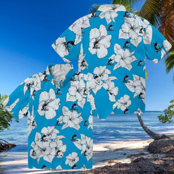 Official Miami Marlins Tropical Aloha Hawaiian Shirt   Blue & White Hibiscus Beachwear