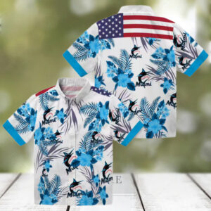 Patriotic Miami Marlins Hawaiian Shirt   Blue & White Hibiscus Floral Print for Summer