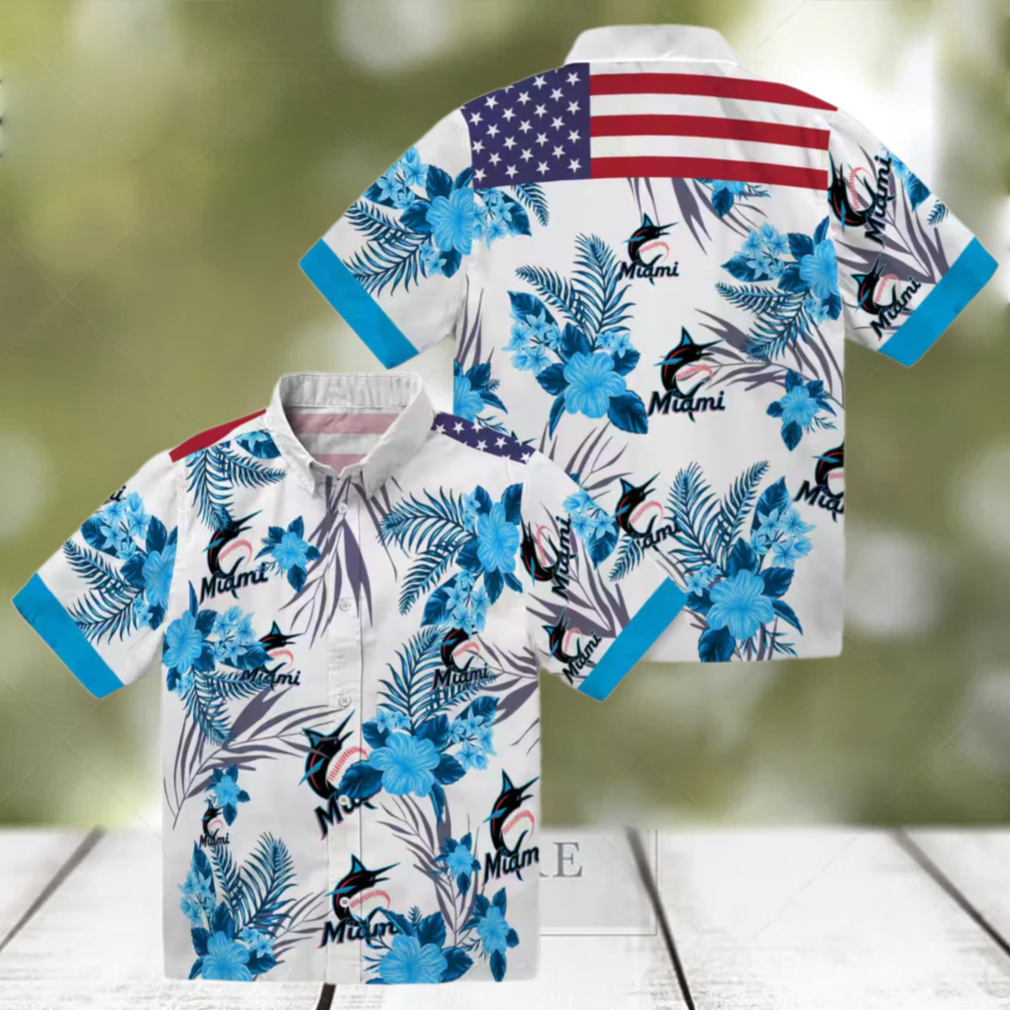 Patriotic Miami Marlins Hawaiian Shirt Blue & White Hibiscus Floral Print for Summer Patriotic Miami Marlins Hawaiian Shirt Blue & White Hibiscus Floral Print for Summer