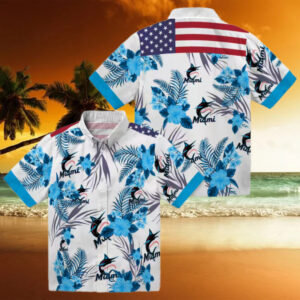 Patriotic Miami Marlins Hawaiian Shirt   Blue & White Hibiscus Floral Print for Summer