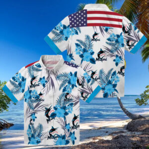 Patriotic Miami Marlins Hawaiian Shirt Blue & White Hibiscus Floral Print for Summer