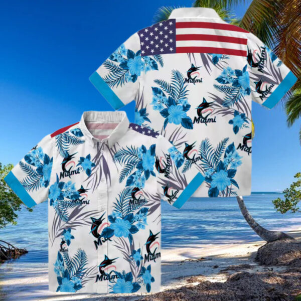 Patriotic Miami Marlins Hawaiian Shirt   Blue & White Hibiscus Floral Print for Summer