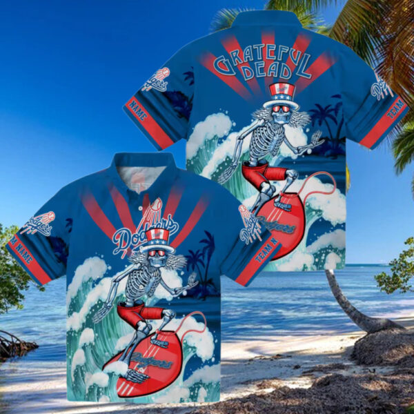 Personalized Dodgers Surfing Skeleton Hawaiian Shirt   Ideal Summer MLB Fan Outfit