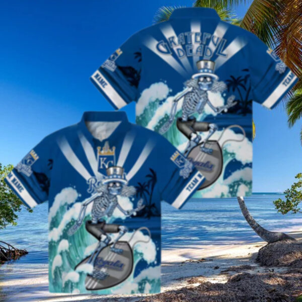 Personalized Kansas City Royals Aloha Hawaiian Shirt   Surfing Skeleton & Floral Tropical Design