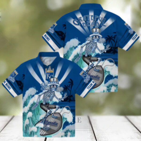 Personalized Kansas City Royals Aloha Hawaiian Shirt   Surfing Skeleton & Floral Tropical Design