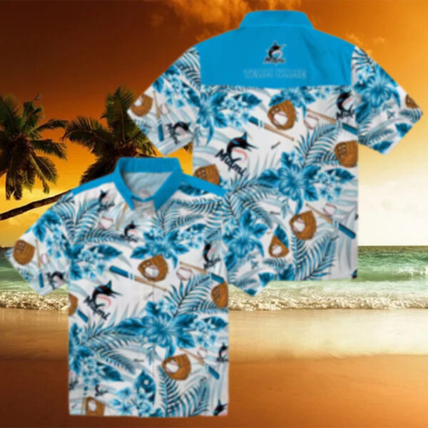 Personalized Miami Marlins Baseball Shirt   Blue Floral Button Up for Beach