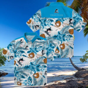Personalized Miami Marlins Baseball Shirt Blue Floral Button Up for Beach