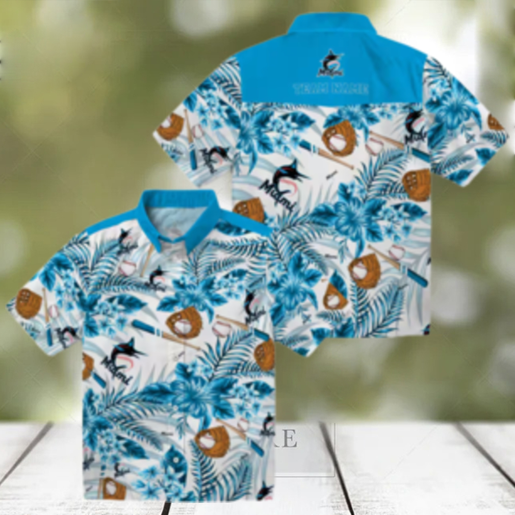 Personalized Miami Marlins Baseball Shirt Blue Floral Button Up for Beach Personalized Miami Marlins Baseball Shirt Blue Floral Button Up for Beach