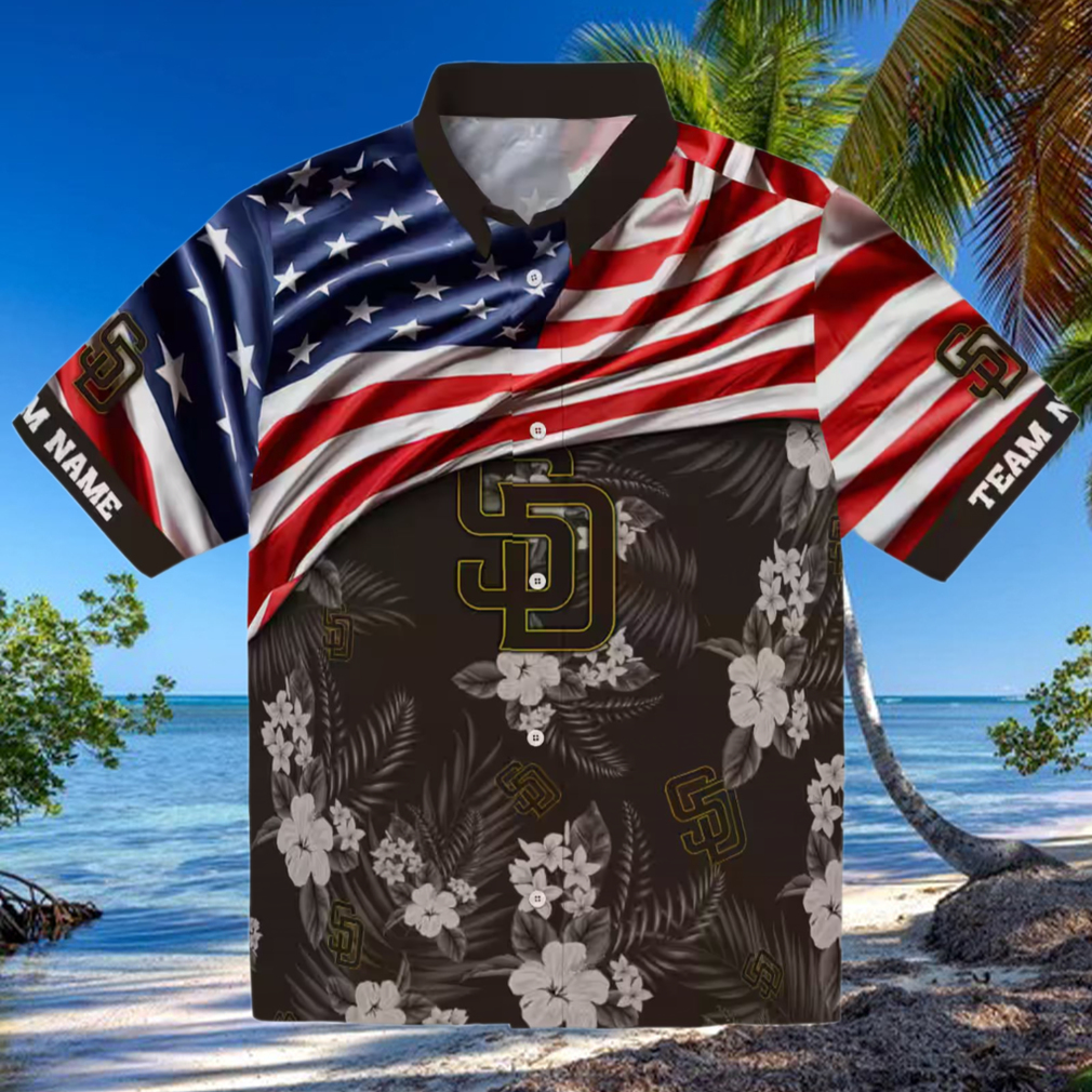 Personalized San Diego Padres Hawaiian Shirt USA Flag Hibiscus Print Personalized San Diego Padres Hawaiian Shirt USA Flag Hibiscus Print