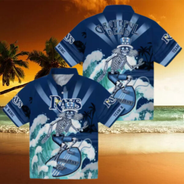 Personalized Tampa Bay Rays Hawaiian Shirt in Navy Blue with Surfing Skeleton Design