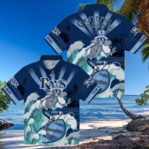 Personalized Tampa Bay Rays Hawaiian Shirt in Navy Blue with Surfing Skeleton Design