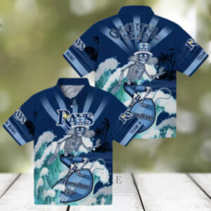 Personalized Tampa Bay Rays Hawaiian Shirt in Navy Blue with Surfing Skeleton Design