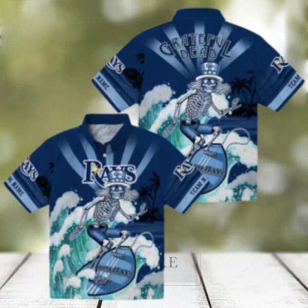 Personalized Tampa Bay Rays Hawaiian Shirt in Navy Blue with Surfing Skeleton Design