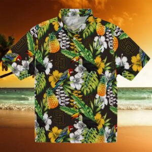 San Diego Padres Aloha Hawaiian Shirt   Tropical Toucan Print in Brown and Green