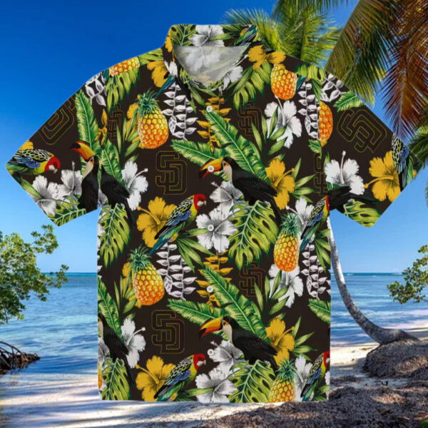 San Diego Padres Aloha Hawaiian Shirt   Tropical Toucan Print in Brown and Green