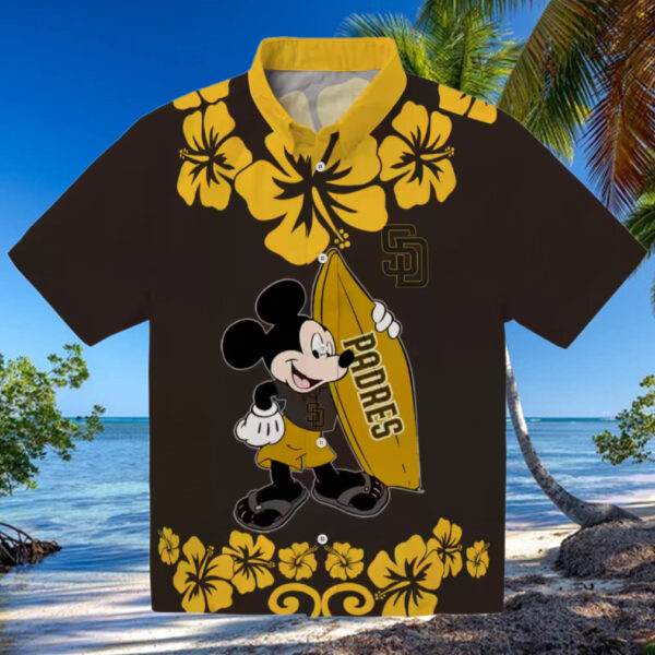 San Diego Padres Aloha Surfing Mickey Shirt   Brown Hawaiian Shirt for Summer Fun