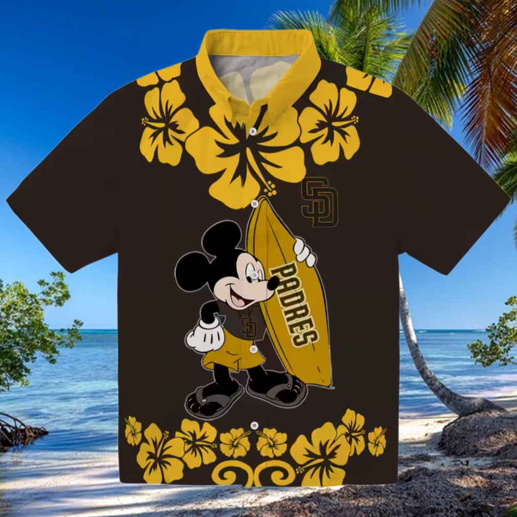 San Diego Padres Aloha Surfing Mickey Shirt Brown Hawaiian Shirt for Summer Fun San Diego Padres Aloha Surfing Mickey Shirt Brown Hawaiian Shirt for Summer Fun