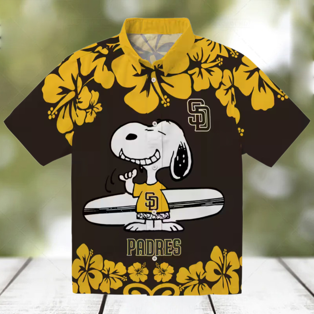 San Diego Padres Brown White Hawaiian Shirt Snoopy Surf Design for Padres Fans San Diego Padres Brown White Hawaiian Shirt Snoopy Surf Design for Padres Fans