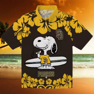San Diego Padres Brown White Hawaiian Shirt   Snoopy Surf Design for Padres Fans