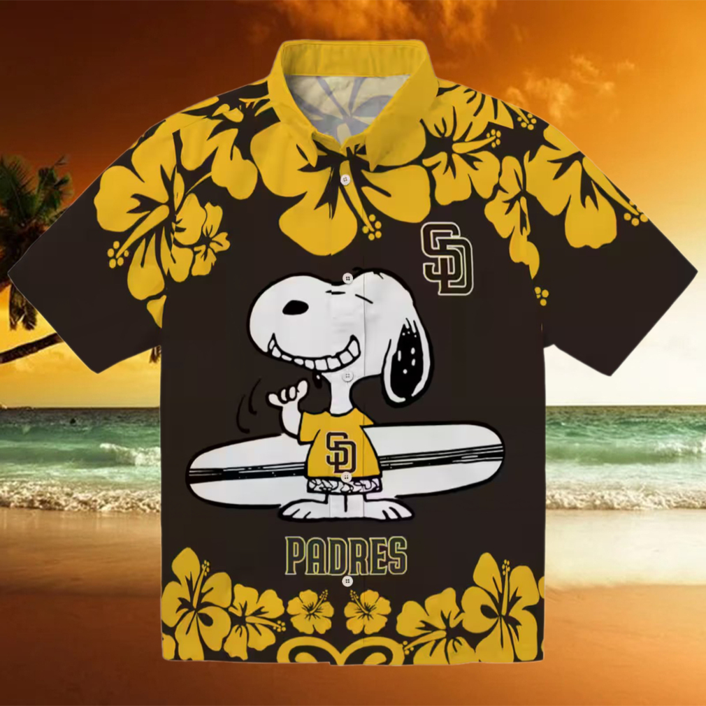 San Diego Padres Brown White Hawaiian Shirt Snoopy Surf Design for Padres Fans San Diego Padres Brown White Hawaiian Shirt Snoopy Surf Design for Padres Fans