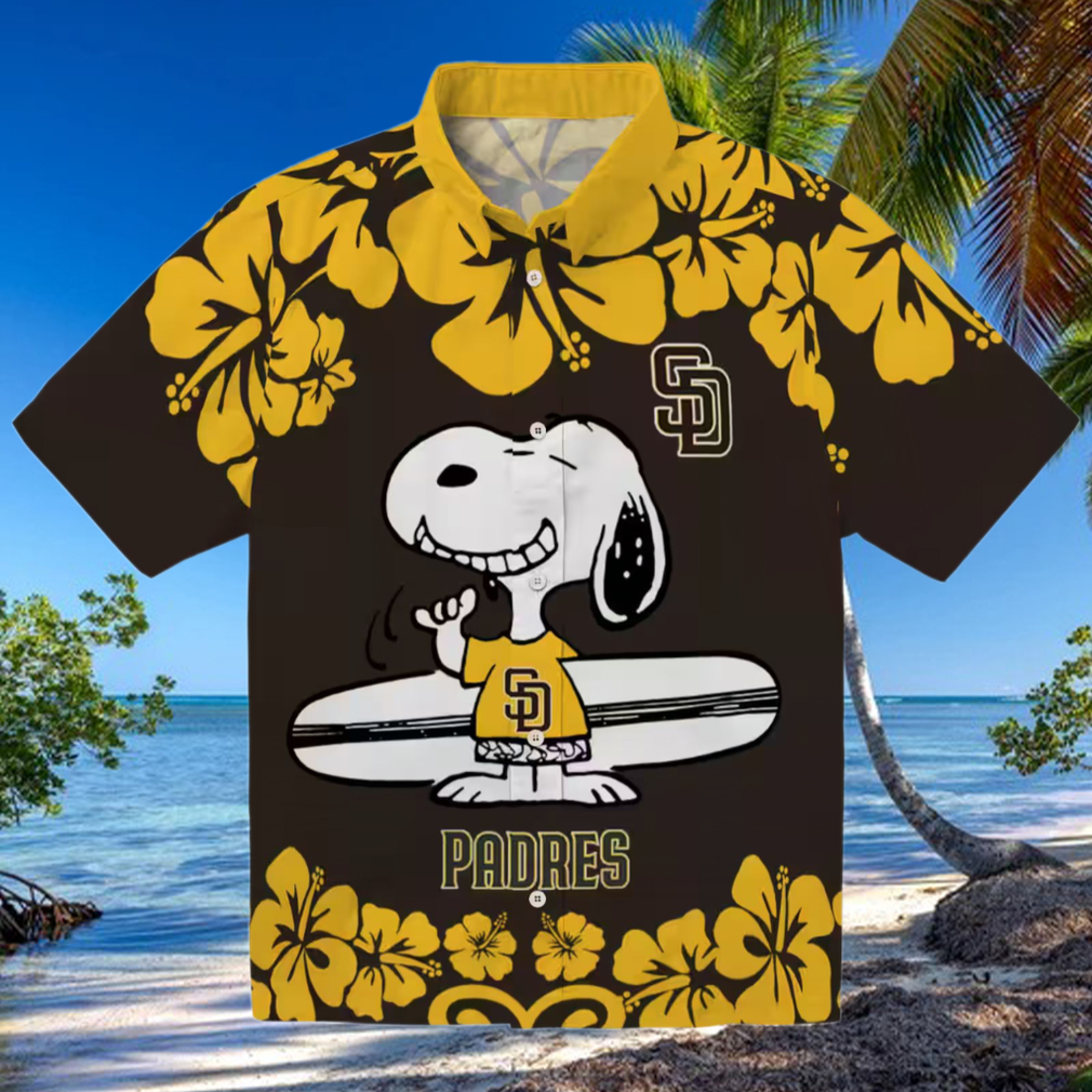 San Diego Padres Brown White Hawaiian Shirt Snoopy Surf Design for Padres Fans San Diego Padres Brown White Hawaiian Shirt Snoopy Surf Design for Padres Fans