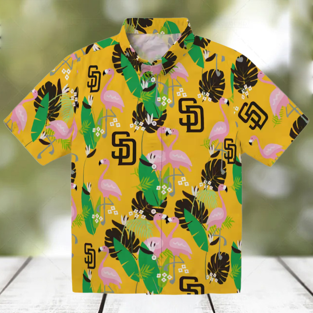 San Diego Padres Button Down Hawaiian Shirt Green Brown Flamingo Aloha Style San Diego Padres Button Down Hawaiian Shirt Green Brown Flamingo Aloha Style