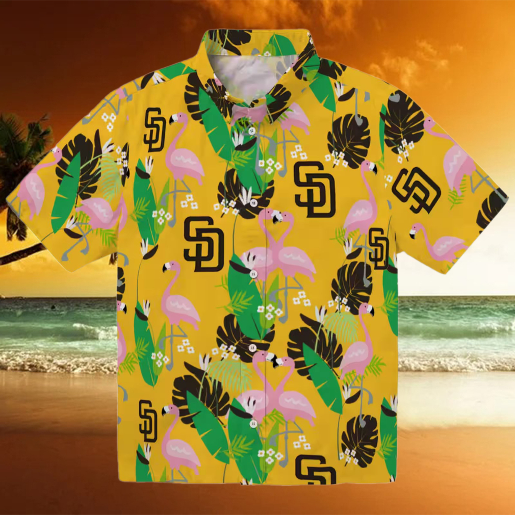 San Diego Padres Button Down Hawaiian Shirt Green Brown Flamingo Aloha Style San Diego Padres Button Down Hawaiian Shirt Green Brown Flamingo Aloha Style