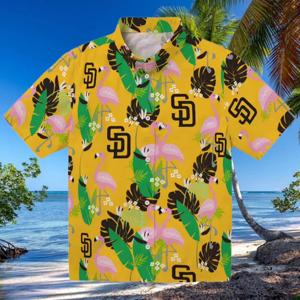 San Diego Padres Button Down Hawaiian Shirt Green Brown Flamingo Aloha Style San Diego Padres Button Down Hawaiian Shirt Green Brown Flamingo Aloha Style